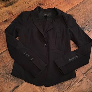 Black ruffle accent suit jacket